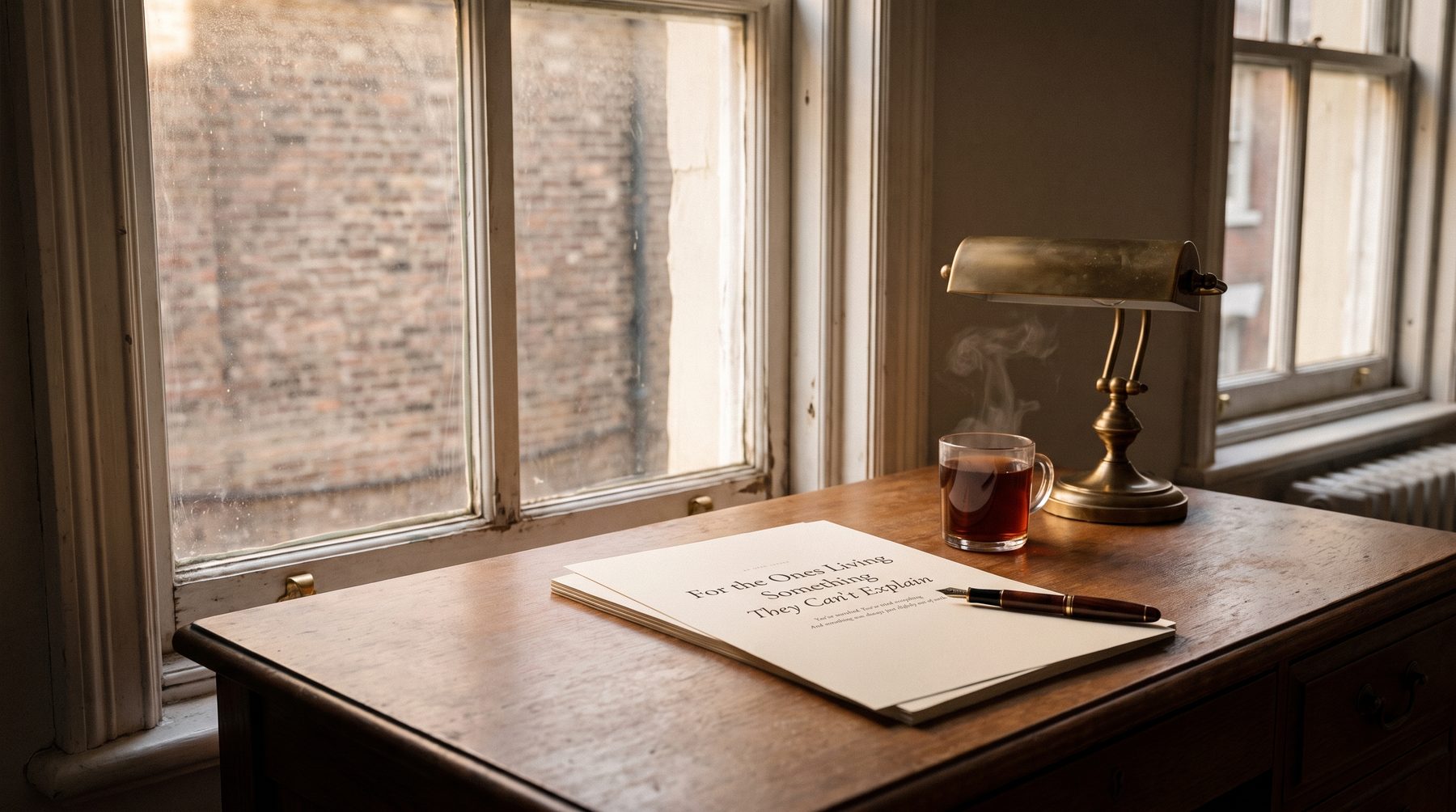 a stack of letters and a glass of tea on a desk by a window
